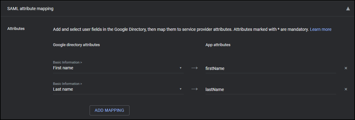 Attribute mapping in Google Admin console showing First name and Last name mapped to firstName and lastName app attributes.