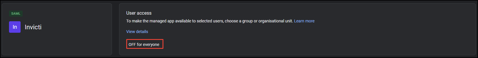 Enable User access to On for everyone in Google Admin console.