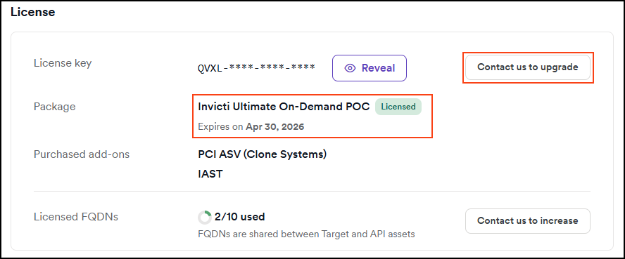 License expiry date section with Contact us to upgrade button for renewal and updates