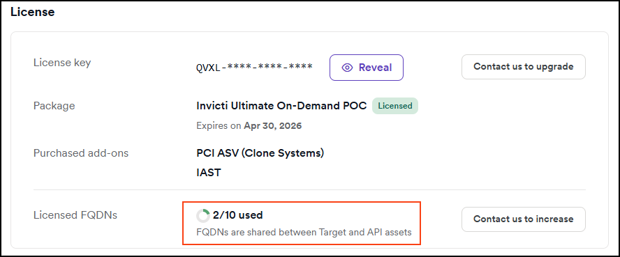 Licensed FQDNs section showing used and total licenses with Contact us to increase button