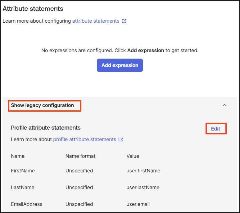 Attribute statements configuration in Okta showing firstName, lastName, and email mapped to Okta user properties.