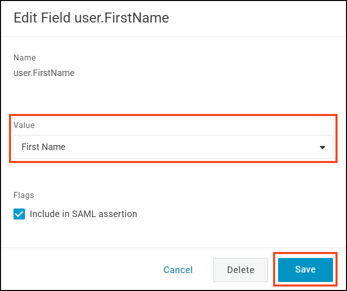 Configure First Name parameter in SAML assertion