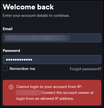 Error message shown when a user tries to log in from a blocked IP address