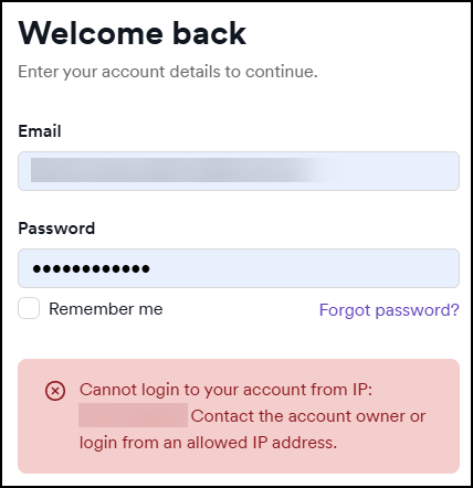 Error message shown when a user tries to log in from a blocked IP address