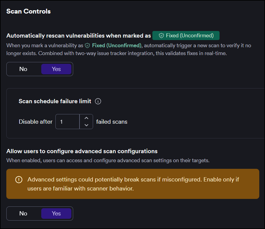 Scan controls section showing all three settings: automatic vulnerability re-scan on status change, scan schedule failure limit, and advanced scan configuration access