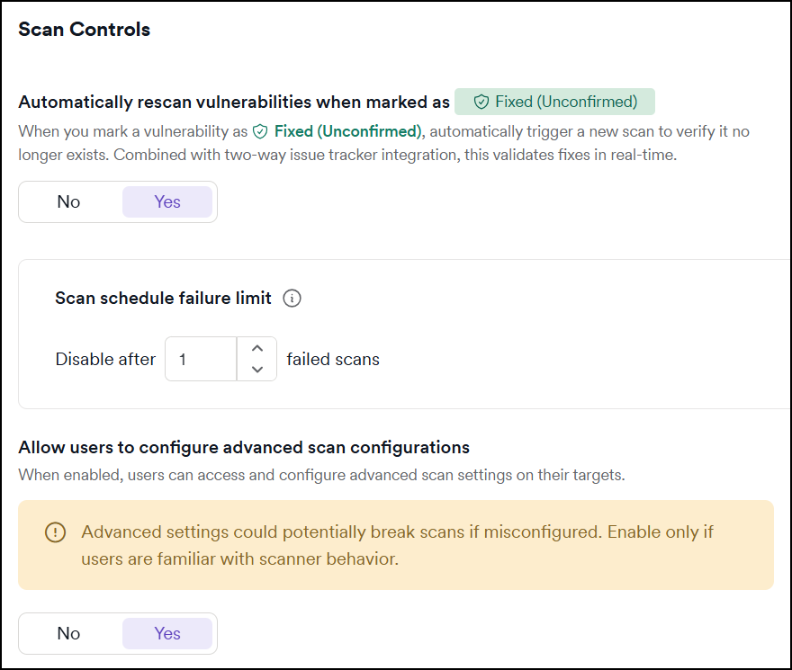 Scan controls section showing all three settings: automatic vulnerability re-scan on status change, scan schedule failure limit, and advanced scan configuration access