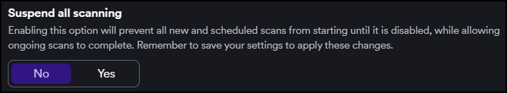 Suspend all scanning toggle set to No (off by default)