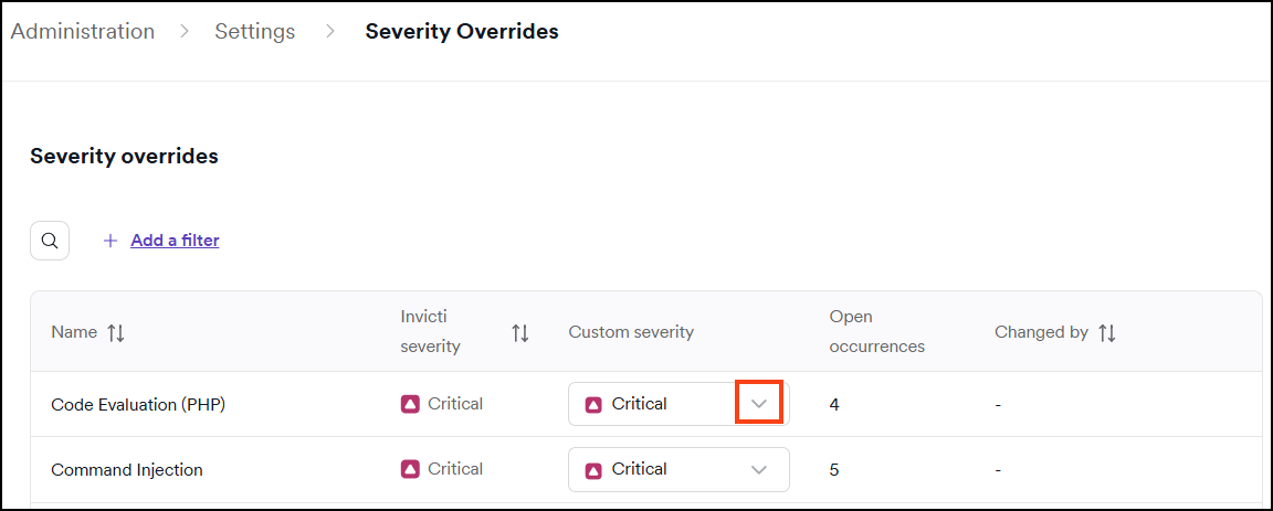 Custom severity drop-down menu for selecting new severity levels.