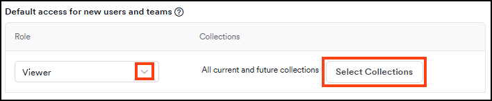 Default access for new users showing role drop-down and select collections options