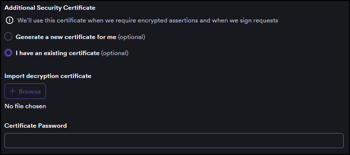 Certificate options for encrypted assertions and sign requests in Invicti Platform