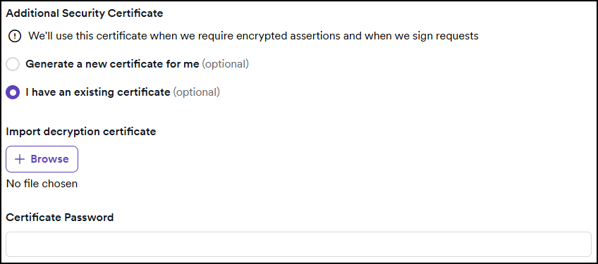 Certificate options for encrypted assertions and sign requests in Invicti Platform