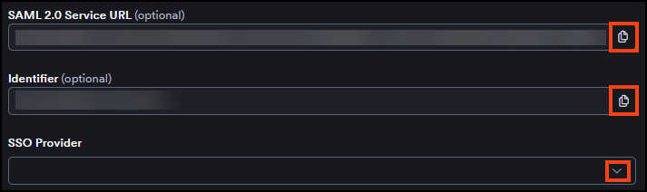 Copy SAML 2.0 Service URL and Identifier values to your SSO provider configuration.