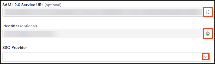 Copy SAML 2.0 Service URL and Identifier values to your SSO provider configuration.