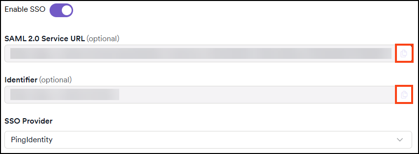 Copy SAML 2.0 Service URL and Identifier values to your SSO provider configuration.