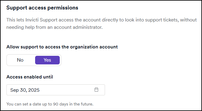 Support Access Permissions section showing Allow support to access organization account toggle set to Yes and access expiration date field