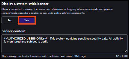 System notices page showing the Banner content field with example text entered