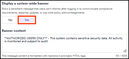 System notices page showing the Banner content field with example text entered