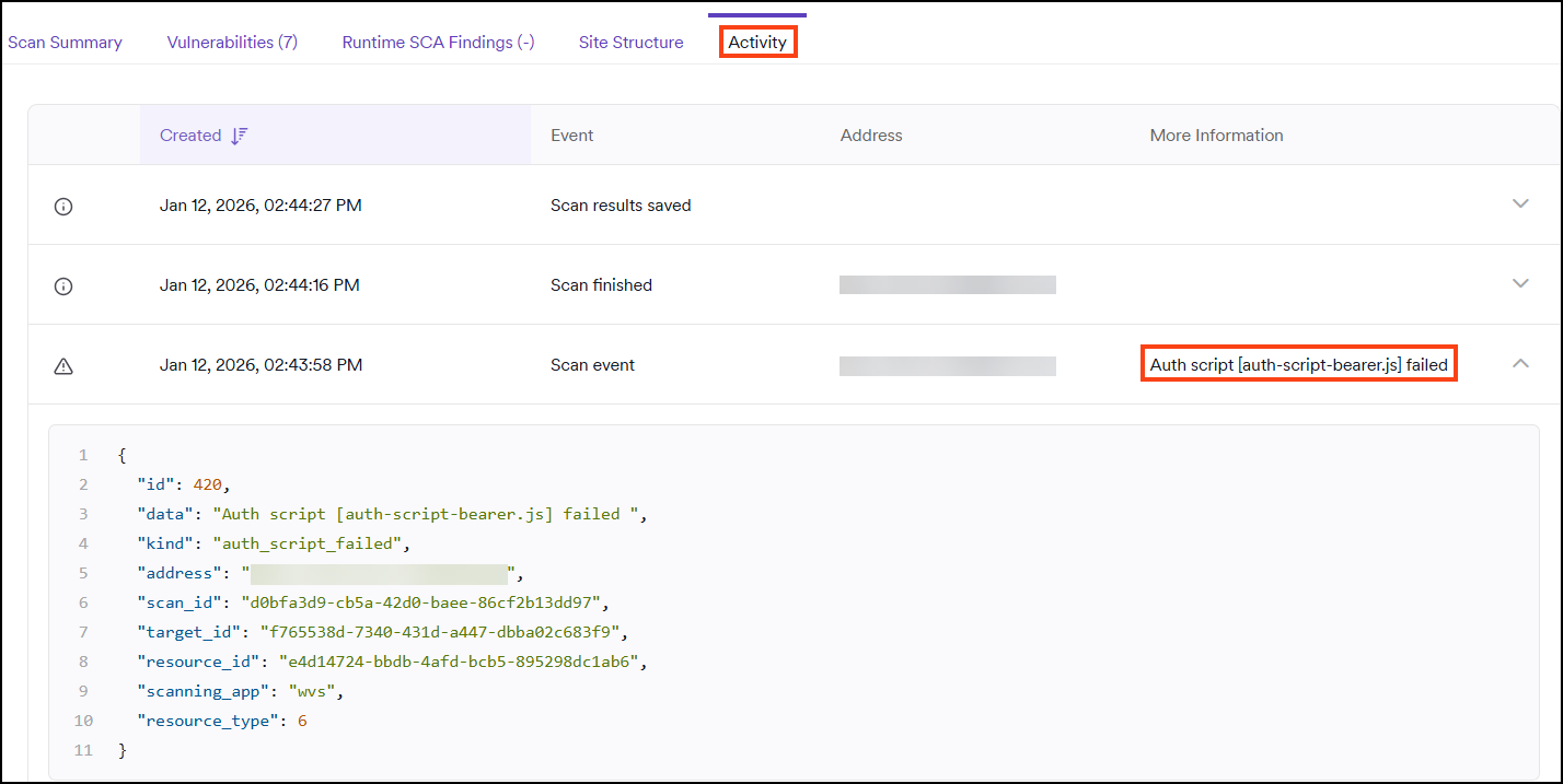 Activity tab displaying scanner event for auth script failure.