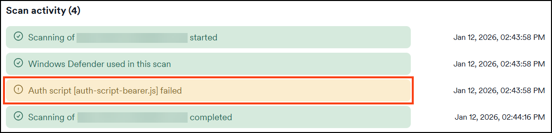 Scan summary tab showing auth script failure notification.
