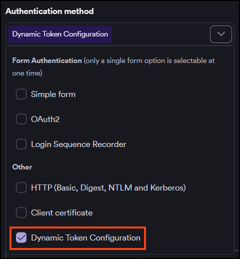 Authentication section showing Dynamic Token Configuration selected in the Authentication method dropdown