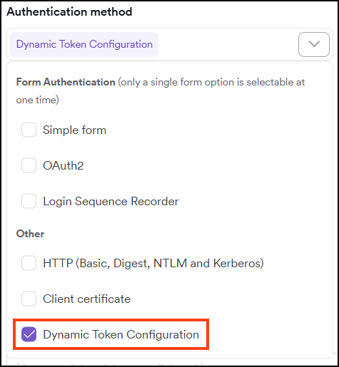 Authentication section showing Dynamic Token Configuration selected in the Authentication method dropdown
