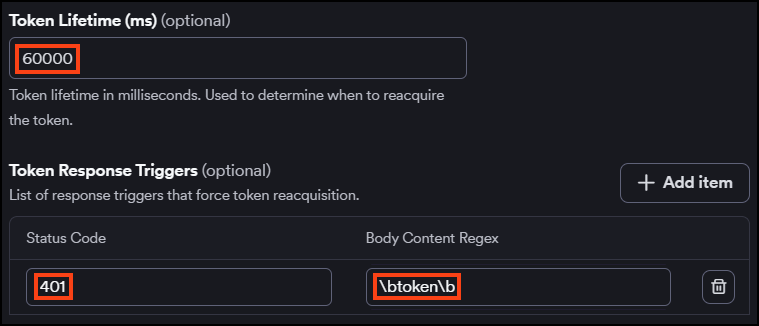 Token Lifetime field and Token Response Triggers table showing a configured trigger with status code 401 and a body regex pattern