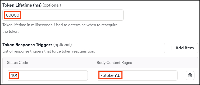 Token Lifetime field and Token Response Triggers table showing a configured trigger with status code 401 and a body regex pattern