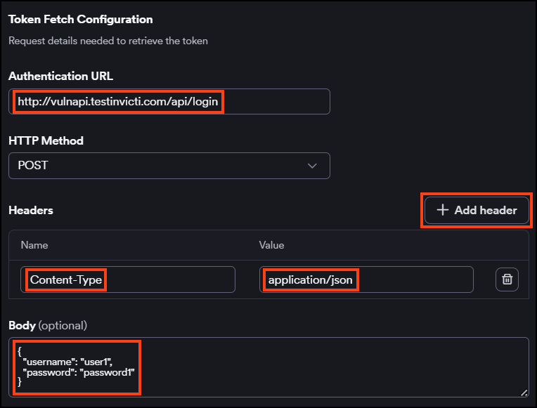 Token Fetch Configuration section showing Authentication URL, HTTP Method, Headers, and Body fields