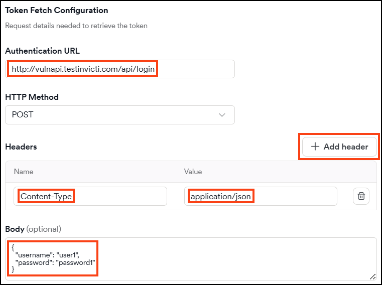 Token Fetch Configuration section showing Authentication URL, HTTP Method, Headers, and Body fields