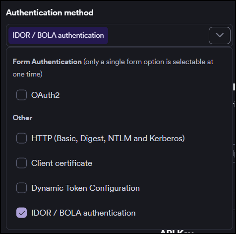Authentication method dropdown showing IDOR / BOLA authentication selected under Other