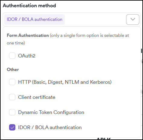 Authentication method dropdown showing IDOR / BOLA authentication selected under Other