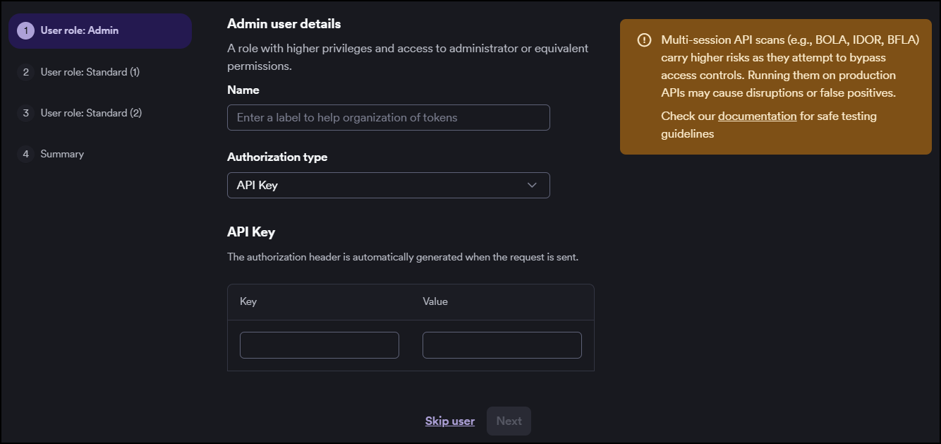 IDOR / BOLA credential form showing Name, Authorization type, and credential fields for a user