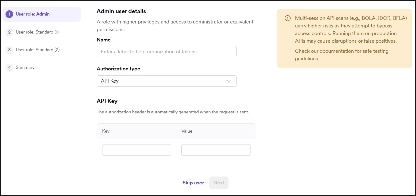 IDOR / BOLA credential form showing Name, Authorization type, and credential fields for a user