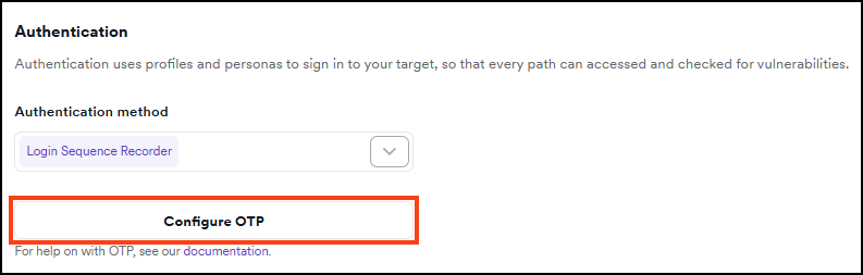 Authentication configuration screen with OTP secret key field.