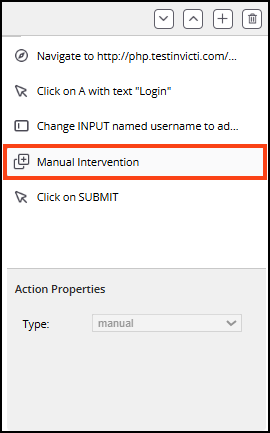 Manual intervention step added to the Login actions panel