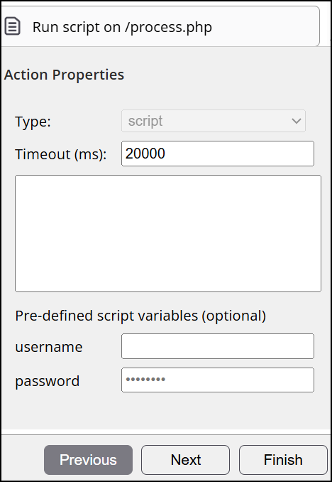 Action properties panel for a script action showing the Type, Timeout, script field, and pre-defined username and password variables
