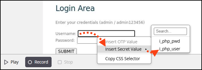 LSR right-click context menu showing Insert secret value submenu with bound secrets