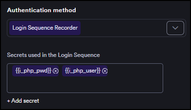 Secrets used in the Login Sequence section showing selected secrets as chips