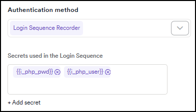 Secrets used in the Login Sequence section showing selected secrets as chips