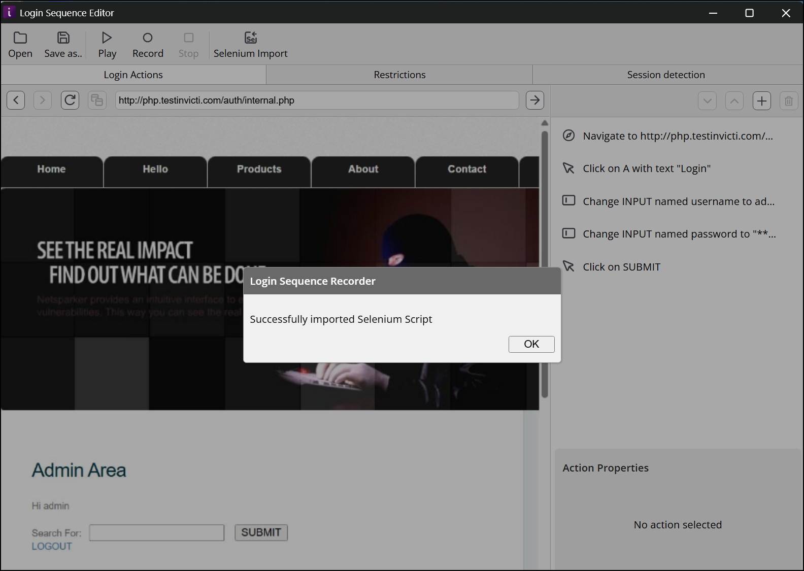 Successfully imported Selenium script file into standalone Login Sequence Editor.