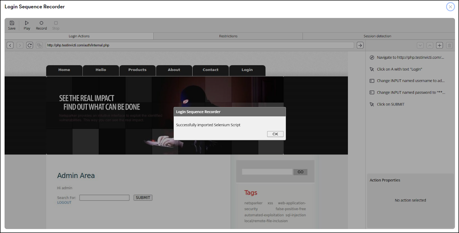 Successfully imported Selenium script file to built-in Login Sequence Recorder.