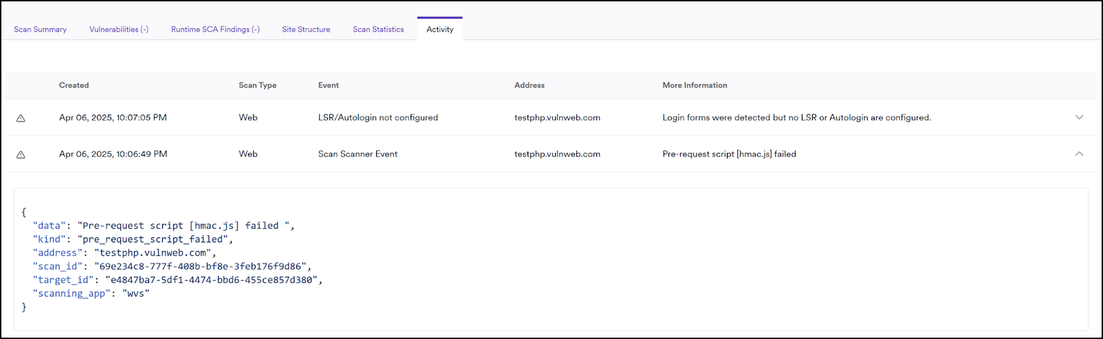 Activity tab displaying scanner event for pre-request script failure.