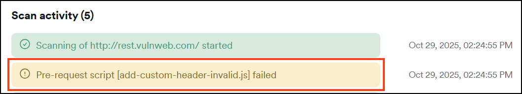 Scan summary tab showing pre-request script failure notification.