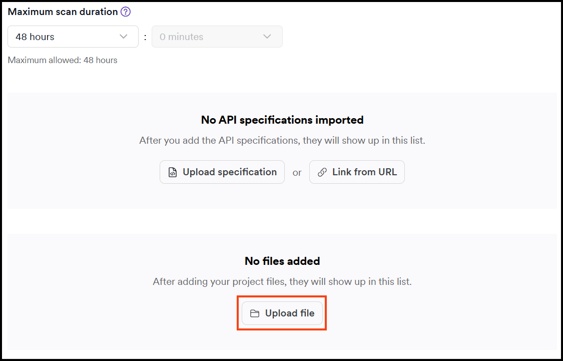 Upload file button in the scan configuration section.