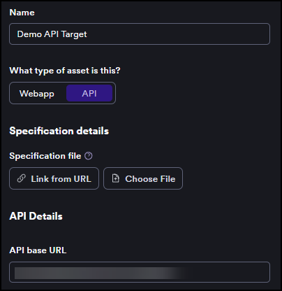 Add new target form with API asset type selected, showing specification details and API details fields