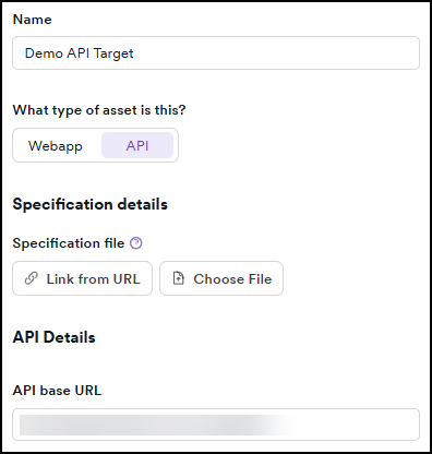 Add new target form with API asset type selected, showing specification details and API details fields