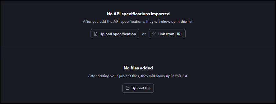 API specification and Imported files sections for adding paths to a target.