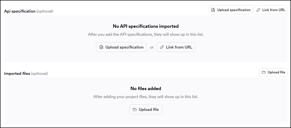 API specification and Imported files sections for adding paths to a target.