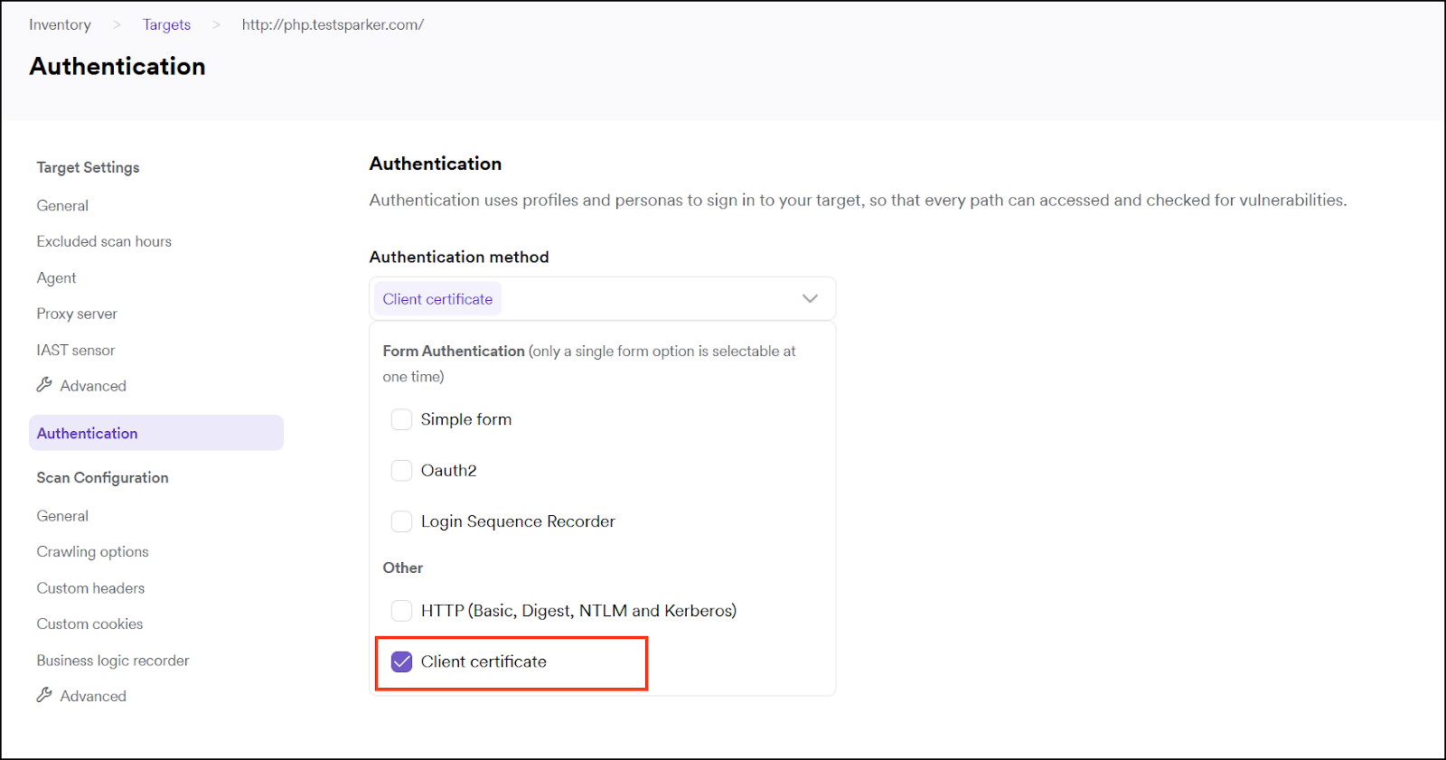 Client certificate authentication method.