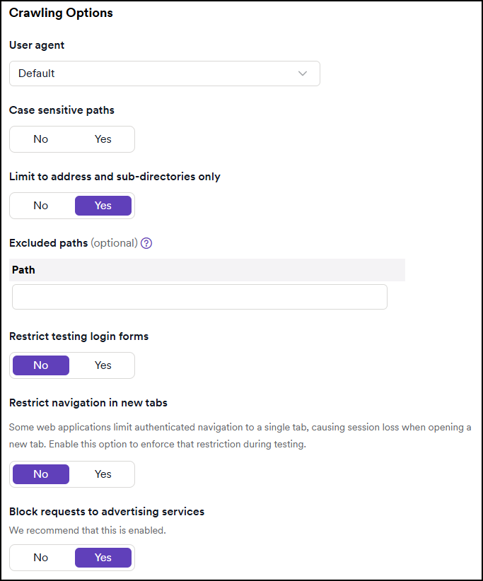 Crawling Options overview in the Target's settings.